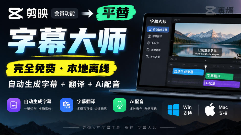 剪映会员功能平替,字幕大师完全免费本地离线,支持自动生成字幕+翻译+Ai配音,Win和Mac都支持!-知创网