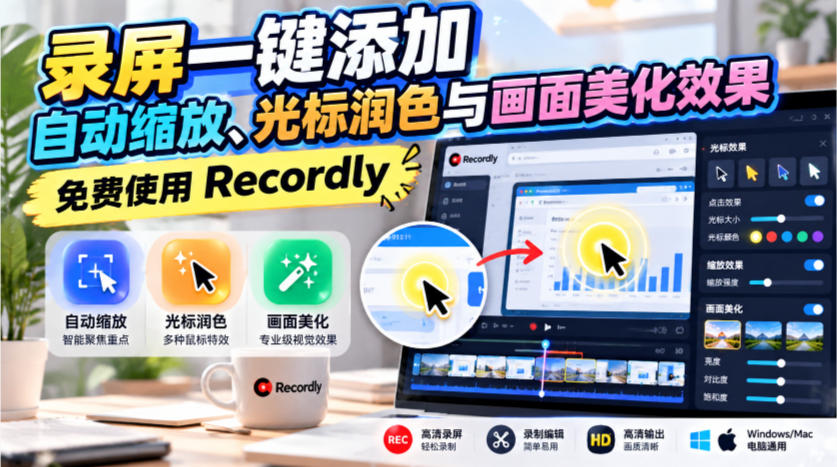 录屏一键添加自动缩放、光标润色与画面美化效果，免费使用Recordly-知创网