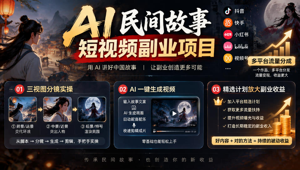 AI民间故事短视频副业项目，多平台流量分成，三视图分镜实操，精选计划放大副业收益-知创网