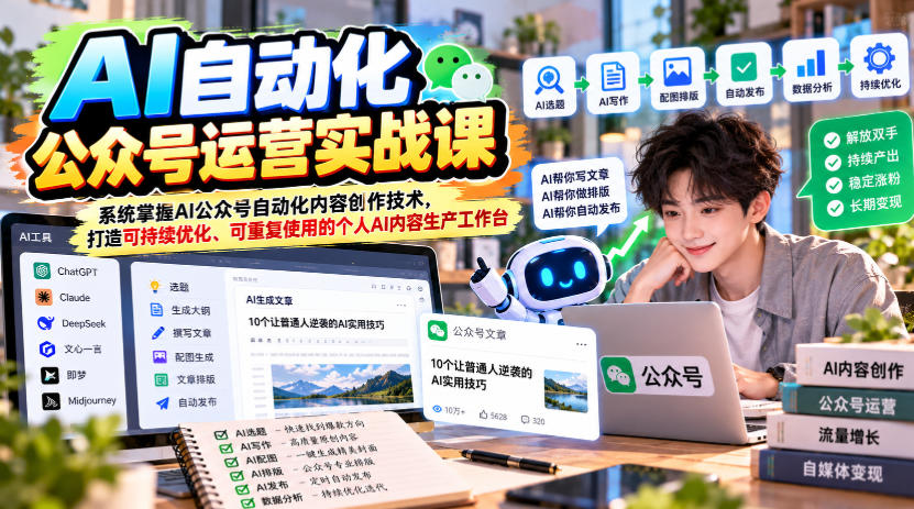 AI自动化公众号运营实战课,系统掌握AI公众号自动化内容创作技术,打造可持续优化、可重复使用的个人AI内容生产工作台-知创网