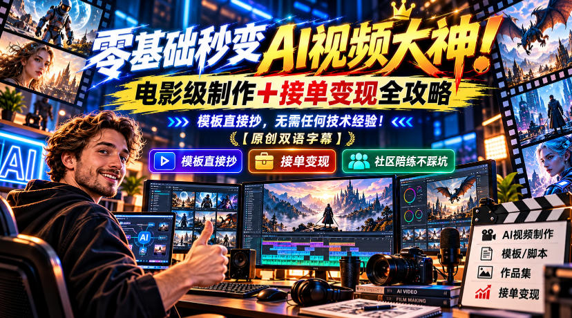 零基础秒变AI视频大神！电影级制作+接单变现全攻略，模板直接抄，无需任何技术经验！【原创双语字幕】-知创网