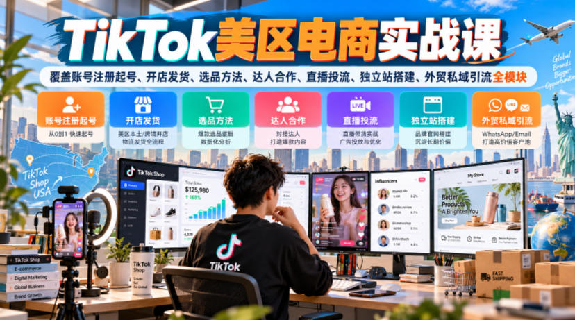 TikTok美区电商实战课，覆盖账号注册起号、开店发货、选品方法、达人合作、直播投流、独立站搭建、外贸私域引流全模块-知创网