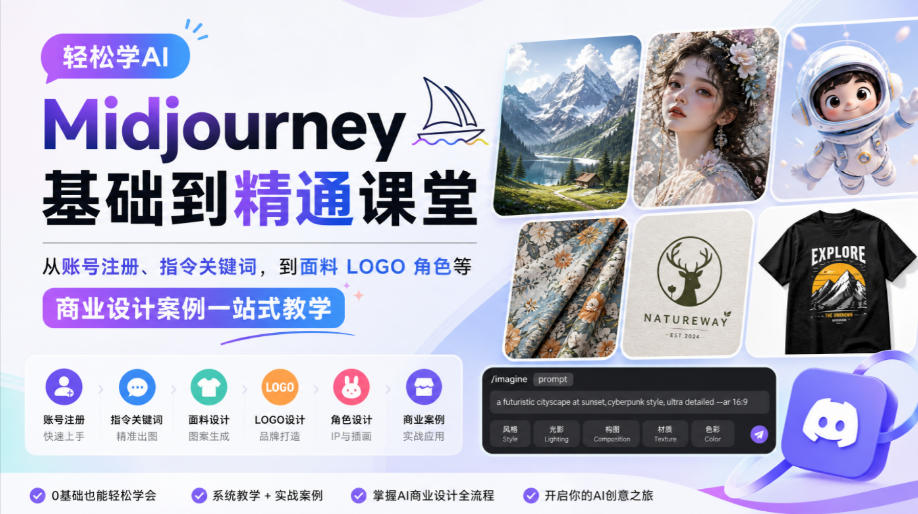 轻松学AI Midjourney基础到精通课堂，从账号注册、指令关键词，到面料LOGO角色等商业设计案例一站式教学-知创网