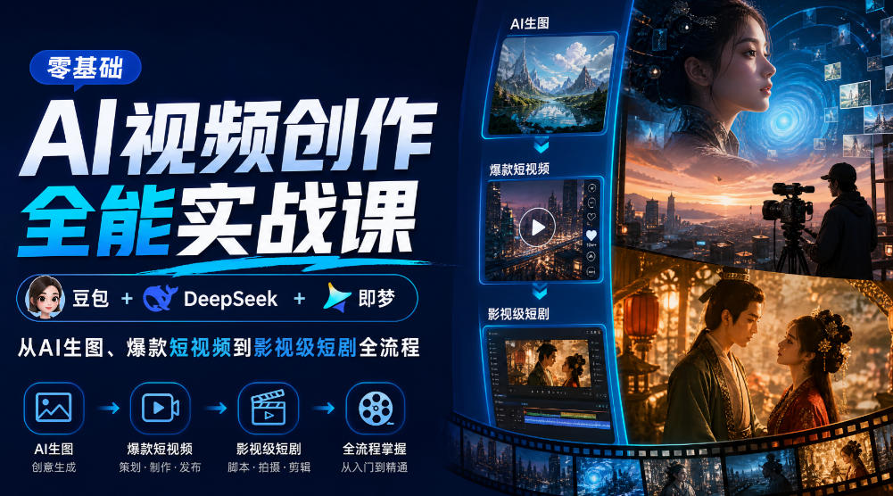 零基础AI视频创作全能实战课｜豆包+DeepSeek+即梦，从AI生图、爆款短视频到影视级短剧全流程-知创网