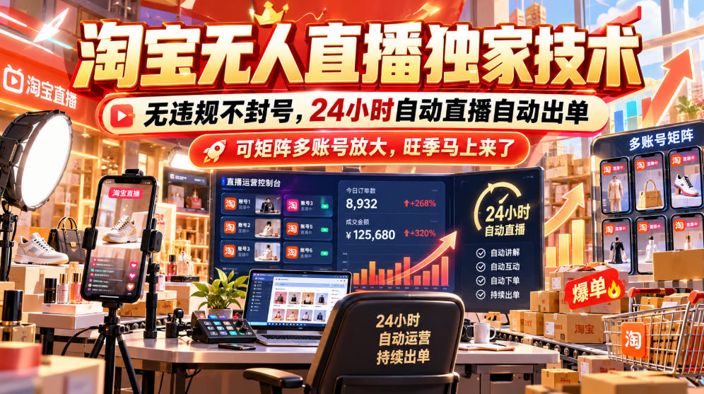 淘宝无人直播独家技术，无违规不封号，24小时自动直播自动出单，可矩阵多账号放大，旺季马上来了【揭秘】-知创网