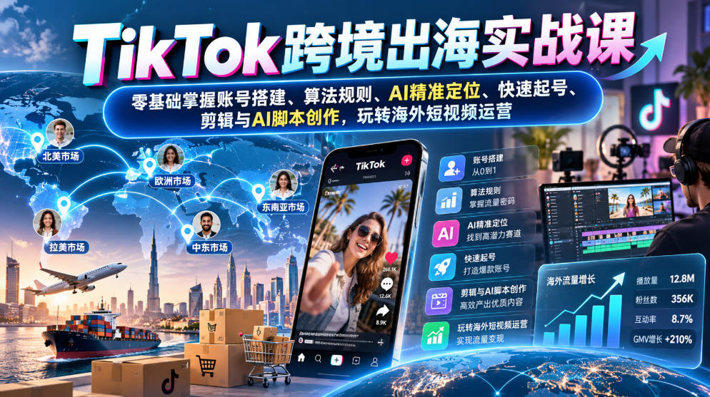 TikTok跨境出海实战课：零基础掌握账号搭建、算法规则、AI精准定位、快速起号、剪辑与AI脚本创作，玩转海外短视频运营-知创网
