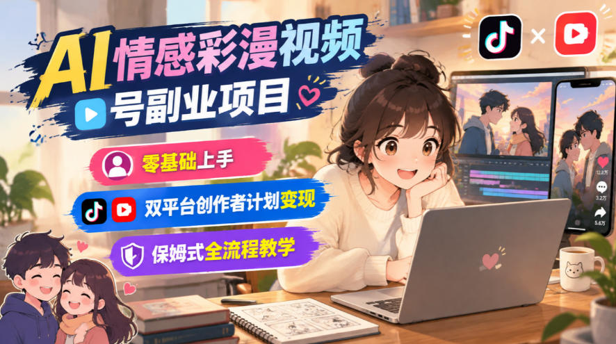 AI情感彩漫视频号副业项目，零基础上手，双平台创作者计划变现，保姆式全流程教学-知创网