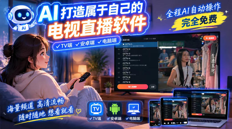 一个提示词,AI全自动做出电视直播软件,电脑、安卓、电视三端通用,完全免费,画质流畅不卡顿-知创网