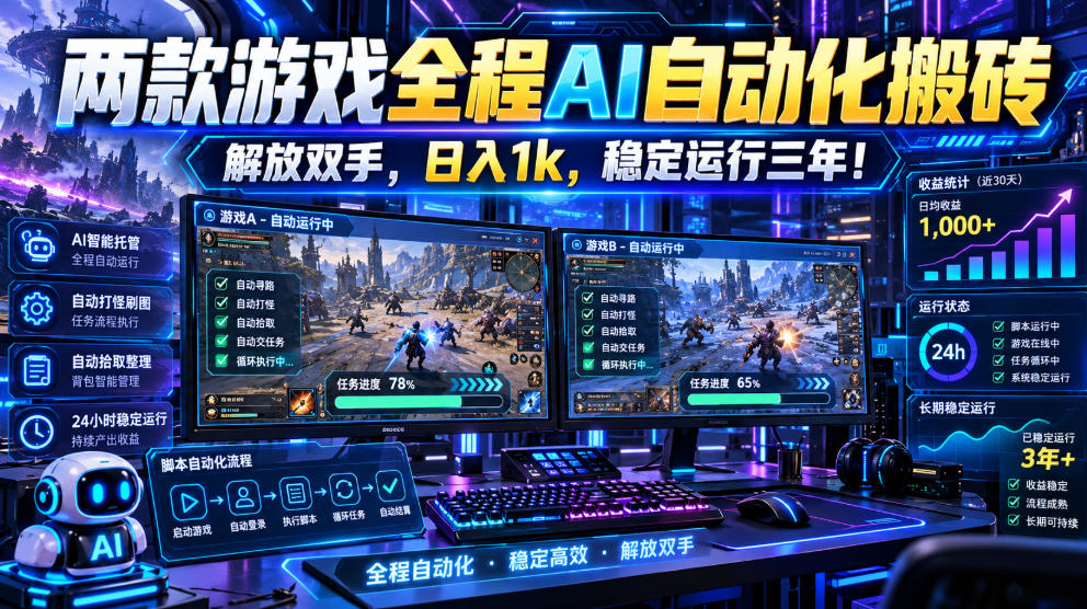 两款游戏全程AI自动化搬砖,解放双手,日入1k,稳定运行三年!【揭秘】-知创网