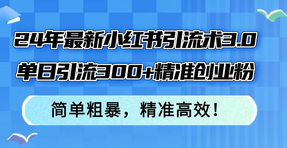 24年最新小红书引流术3.0，单日引流300+精准创业粉，简单粗暴，精准高效！-知创网